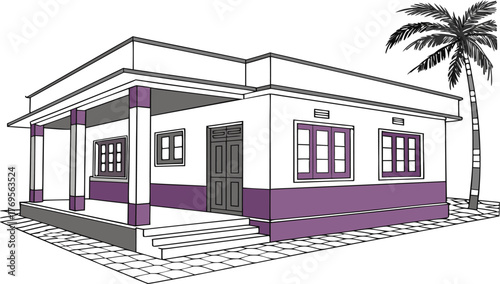 Simple Dwelling in Paradise: A quaint dwelling stands serenely, with a palm tree, symbolizing a haven of peace, evoking feelings of simplicity and tropical tranquility.