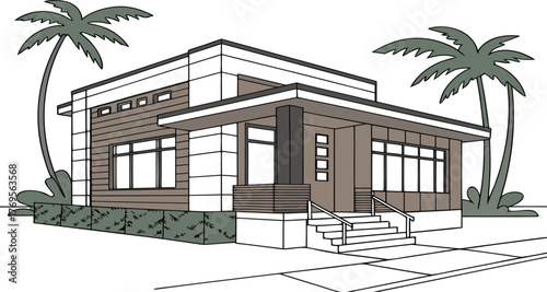 Modern Haven in Paradise: A contemporary home, showcasing sleek lines and a harmonious blend of nature and design, nestled amidst verdant palm trees, inviting a sense of serenity.