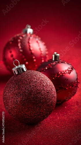 Festive red Christmas ornaments with glittery textures and delicate patterns create a luxurious holiday atmosphere against a deep crimson background