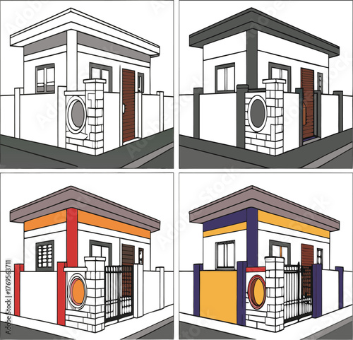 Architectural Rendering: A series of vibrant architectural renderings showcase diverse design iterations of a contemporary dwelling, illustrating design versatility.