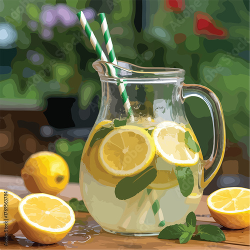 Refreshing lemonade with lemon and mint in a glass