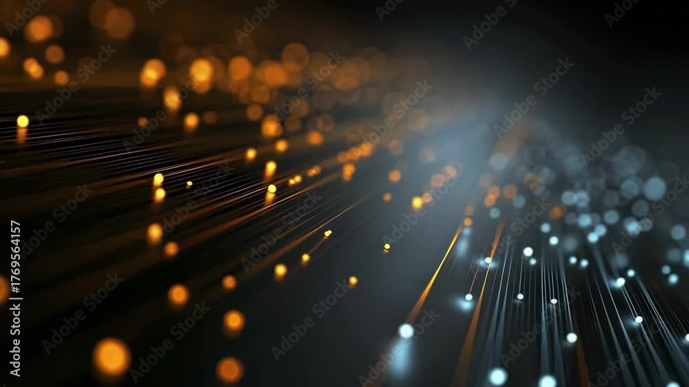 Bright orange and blue light orbs trace parallel lines forming a dynamic illuminated abstract pattern on a dark background