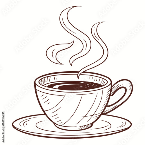 A steaming coffee cup on a saucer, Monochrome line art vector illustration - Generative AI