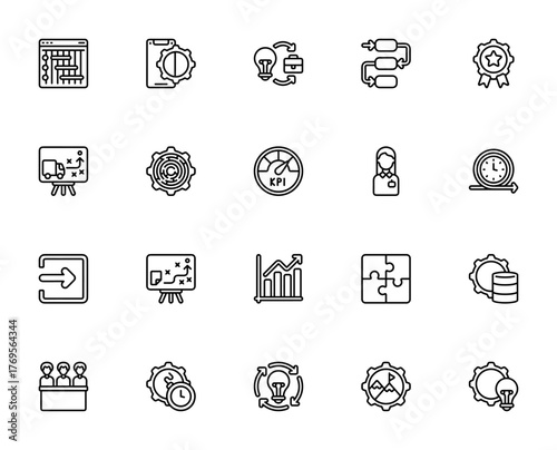 Business Management icon set. Vector illustration. Icludes symbols for Gantt cart, KPI, project plan, loistics, database, deadline milestone and more. Editale stroke.