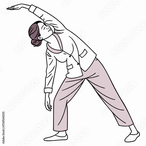 A minimalist illustration of a woman stretching in the morning, A concept of wellbeing and a healthy start, Vector illustration - Generative AI