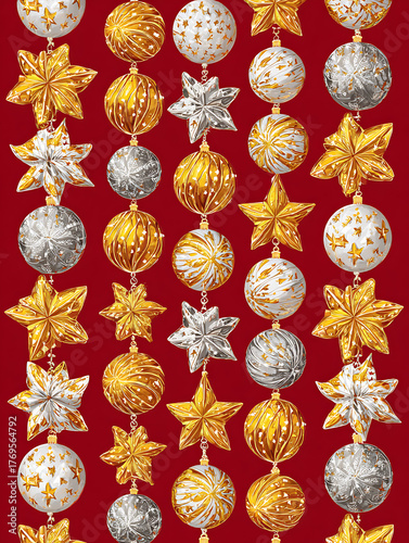 Elegant red Christmas composition with golden baubles and pine leaves, perfect for holiday greeting cards or festive posters