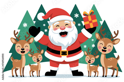 Cheerful Santa Claus & Forest Animals Christmas Vector Illustration