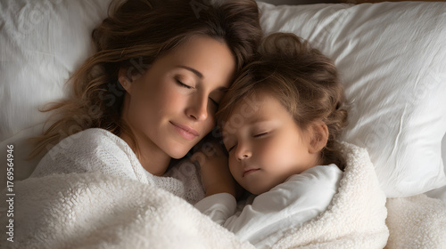 Tender Moments of a Loving Mother and Her Little Child Sleeping Peacefully Together in Cozy Embrace