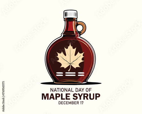National Maple Syrup Day vector. Bottle of syrup and maple leaves drawing. Pancakes with maple syrup breakfast still life icon vector. December 17. 