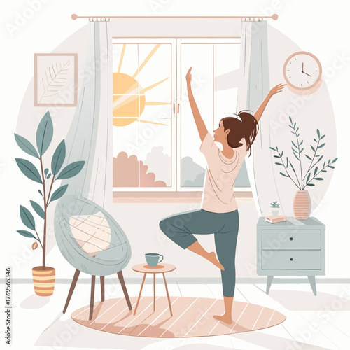 Woman doing morning yoga near a sunny window, A concept of a healthy lifestyle and self-care, Vector illustration - Generative AI