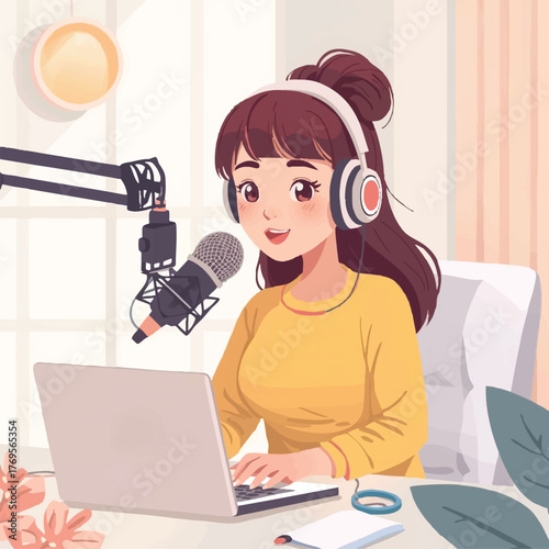 female podcaster broadcasting live online