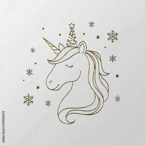 festive unicorn christmas illustration with snowflakes