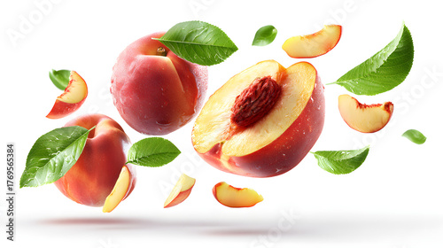 Ripe nectarines and juicy peach slices on white background.

Flying peach fruits and leaves isolated on white