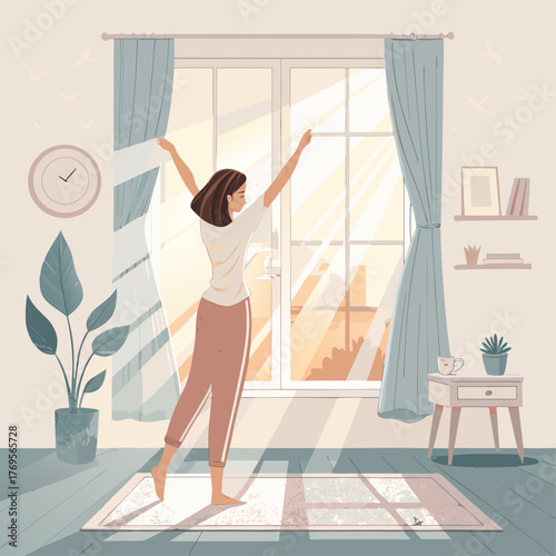 A woman greeting the morning sun by a window, A concept of a positive and healthy start to the day, Vector illustration - Generative AI