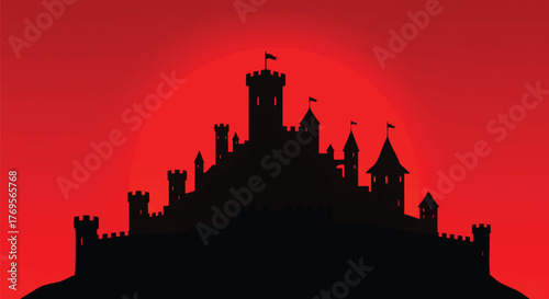 ominous castle silhouette against fiery red sky