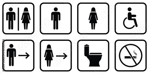 Toilet icons set, common male female restroom, handicap wheelchair access, sanitizer liquid soap, WC direction, baby changing table room. vector illustrator.