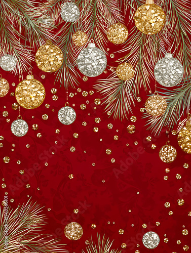 Elegant red Christmas composition with golden baubles and pine leaves, perfect for holiday greeting cards or festive posters