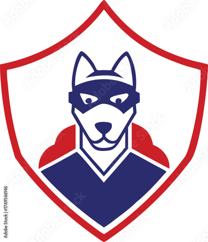 Brave superhero dog mascot wearing a confident mask and cape inside a proud shield emblem