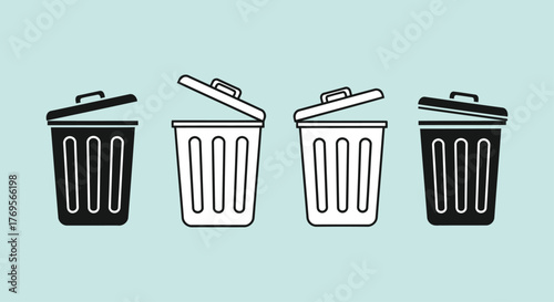 Four trash cans, two black and two white, with lids open and closed, against a light blue background