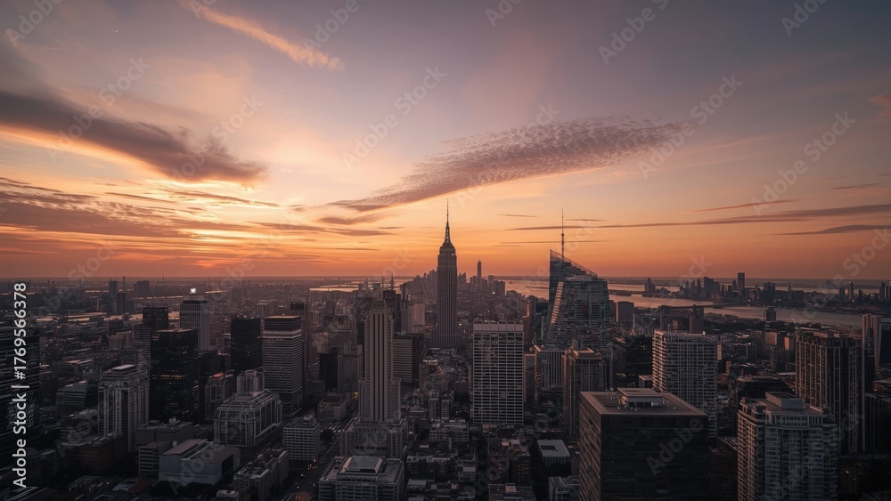Fototapeta premium Sunset city view from a high vantage point with business, travel, office, house, city, space, building, finance, architecture.