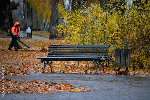 Empty park bench and city worker cleaning autumn leaves with leaf blower, fall season city maintenance and public service
