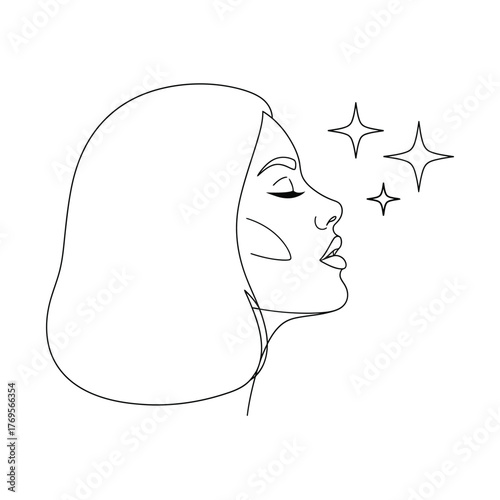 Minimalist line art drawing of a woman s profile with sparkling stars symbolizing dreams or inspiration