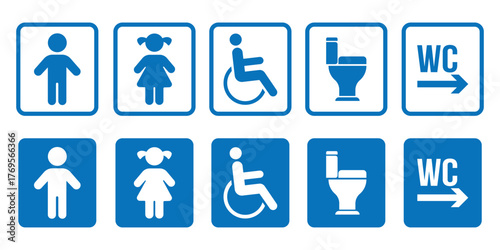 Toilet icons set, common male female restroom, handicap wheelchair access, sanitizer liquid soap, WC direction, baby changing table room. vector illustrator.