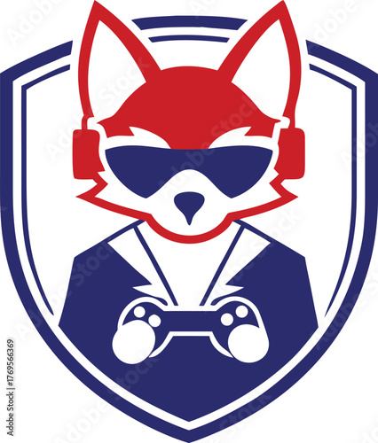 Energetic fox character wearing sunglasses and holding a gaming controller inside a protective shield symbol
