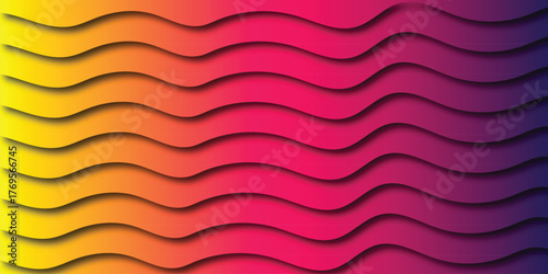 Smooth wavy horizontal layers in a vibrant gradient from yellow to orange pink and purple with soft shadows creating a layered paper cut-out effect