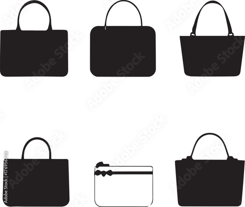 Handbag silhouette set — black and white illustrations of six varied purse designs including clutch, tote, and shoulder styles