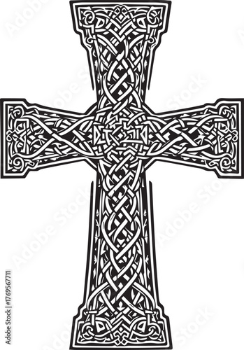 Celtic cross silhouette — black and white ornate illustration with interlacing knotwork for Irish heritage and spiritual themes