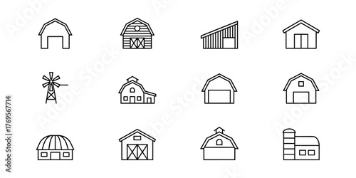 Farm Buildings and Structures Line Icons Set