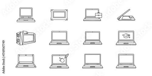Laptop and Technology Icons Set in Line Style