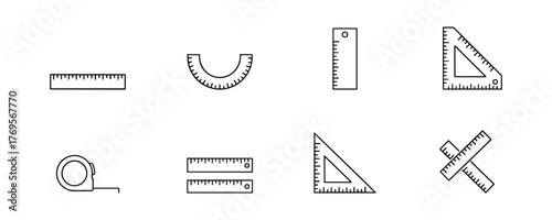 Set of 8 Black Line Measuring Tools Icons