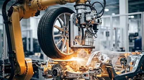 Robotic arm precisely welds car chassis with sparks flying in advanced factory