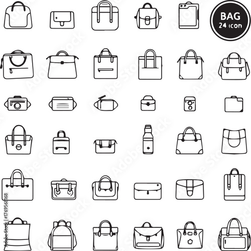 Bag icon collection — black and white grid of 30 minimalist illustrations including backpacks, totes, clutches, and briefcases