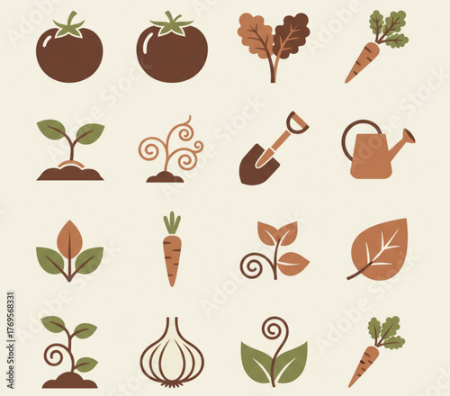 Collection of fresh vegetables and gardening tools, symbolizing healthy eating and cultivation