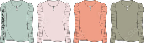 Four long-sleeved tops for women, each in a different pastel color mint green, light pink, peach, and olive green