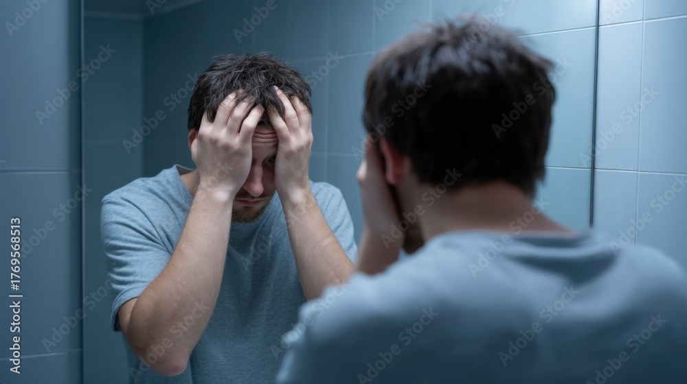 Fototapeta premium Man with Torn Expression Stares into Mirror, Reflecting Inner Turmoil and Struggle with Self-Identity in a Dimly Lit Bathroom Scene