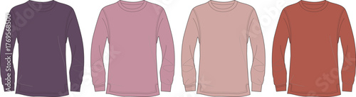 Collection of four long-sleeved t-shirts in varying shades of purple, pink, and red, displayed side by side