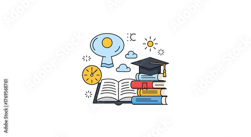 A colorful flat lay illustration of a graduation cap on stacked books with an open textbook, clock, and educational icons, representing autumn cozy home decor and learning.