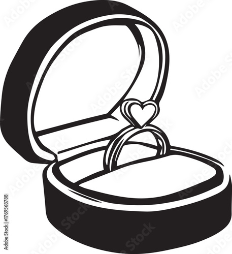 Engagement ring box silhouette — black and white illustration of open jewelry box with heart-shaped ring for love and proposal themes