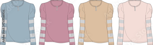 Fashion design technical flat sketch of a women's long-sleeve Henley top with puff shoulders and striped layered sleeves, presented in a four-color apparel collection