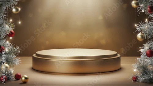 Festive golden podium surrounded by frosted Christmas trees adorned with red and gold baubles and