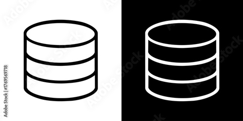 Outline vector database icon in two versions, black on white background and white on black background.