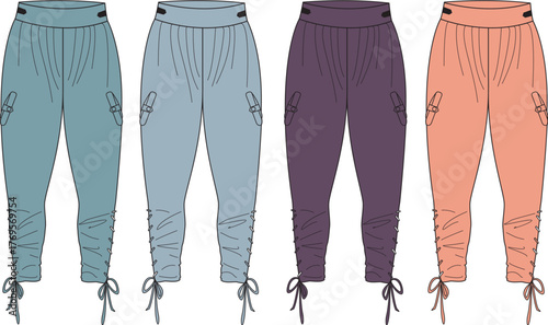 Four different colored casual drawstring pants with tie-up ankles and pockets shown from a flat front view on a white background