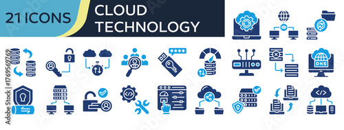 Collection of Cloud Technology icons, related to System Backup, Remote Access, Data Migration, Access Control, Authentication and more. Solid icons vector illustation.