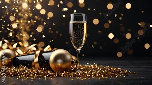 Luxury New Year Celebration with Champagne Glass, Golden Confetti, and Sparkling Lights
