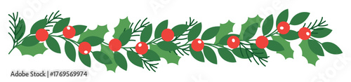 Christmas garland border vector with pine leaves and red ornaments, festive holiday decoration design