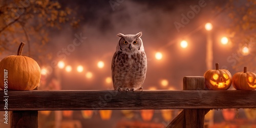 Realistic photo of a majestic owl with bright orange eyes perched on a wooden fence, surrounded by glowing jack-o-lanterns and smoky background, creating a mysterious and magical Halloween night scene